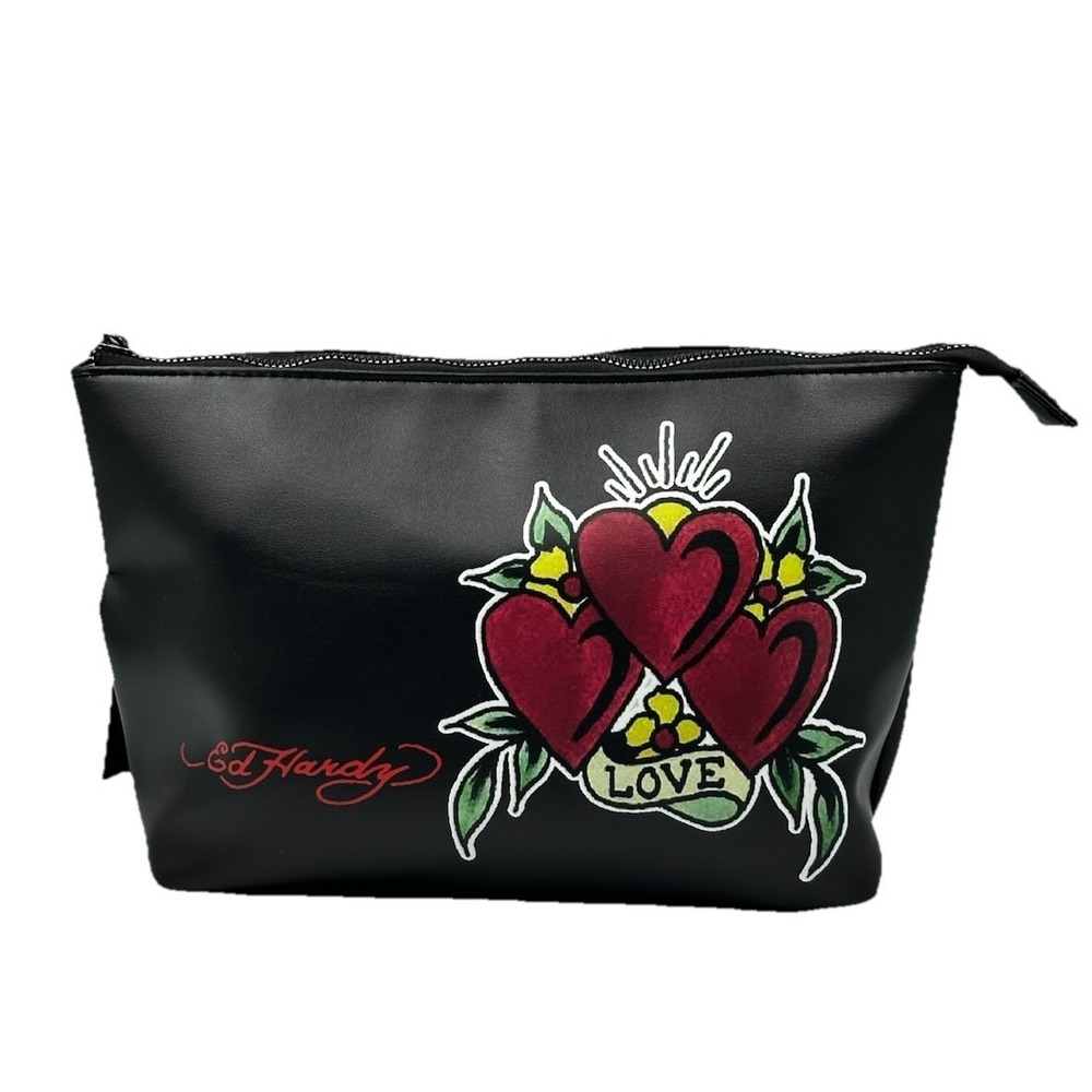 Ed Hardy Love Hearts Cosmetic Bag Vegan Leather Makeup Bag